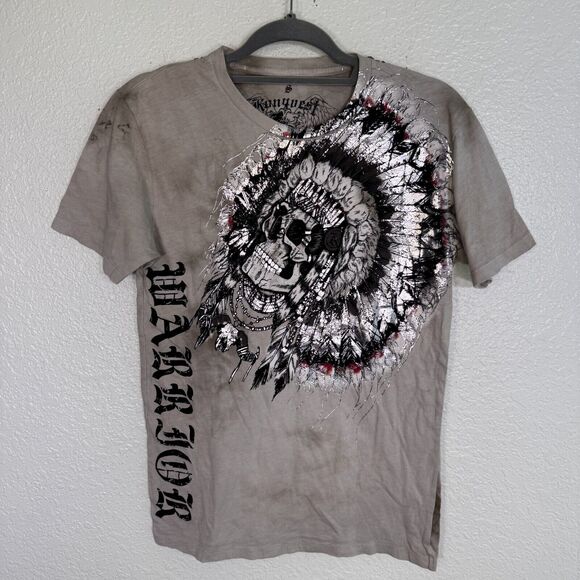 Konquest Shirt Mens Small Skull Metallic Feather Warrior Graphic Tee Tshirt Y2K - Picture 1 of 8